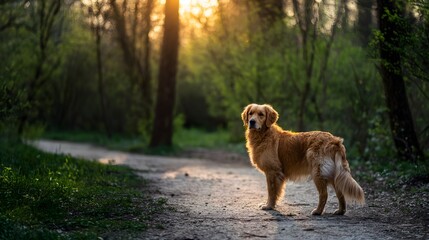 Naklejka premium Golden retriever standing on a sunny park path with a warm glow and blurred green background.