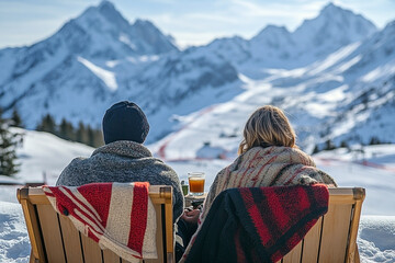 Couple enjoying winter landscape from a snow covered terrace with mountain view