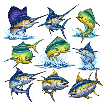 Collection of nine colorful marine game fish leaping from blue ocean waves marlin sailfish
