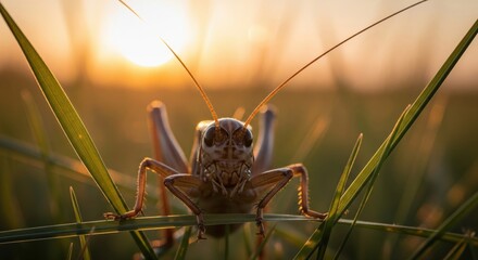 A grasshopper in tall grass backlit by the setting sun