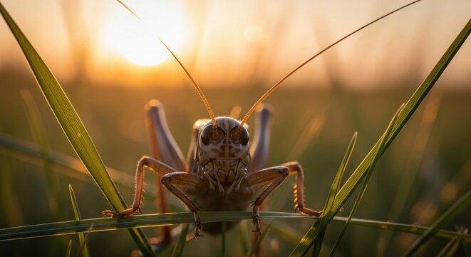A grasshopper in tall grass backlit by the setting sun - Powered by Adobe