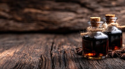 Two elegant glass bottles filled with dark liquid stand against a rustic wooden background, adding a touch of mystery and charm, perfect for decorative or culinary use.