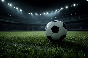 Naklejka premium Classic soccer ball on turf under vibrant stadium spotlights 