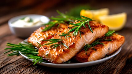 Three perfectly grilled salmon fillets adorned with fresh herbs and lemon wedges, beautifully presented for a healthy and flavorful dining experience.