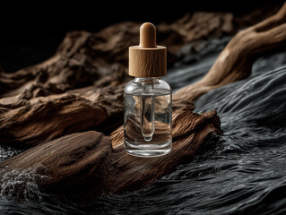Naklejka premium Glass dropper bottle on wood near water. Suitable for beauty, skincare, essential oils, spa products, and natural remedies themes.