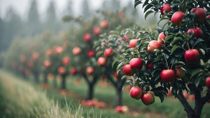 Apple orchard with trees bearing ripe apples in a lush green landscape. Agricultural fruit farm, nature, and harvest concept. Apple cultivation and orchard landscape.
