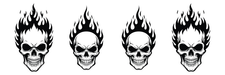 Flaming skull flat vector illustration set. Fire burning skeleton heads in black and white style. Horror, gothic, tattoo design, mascot, or Halloween dark art elements collection.