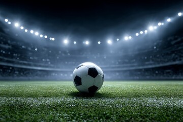 Naklejka premium Iconic soccer ball on grass in illuminated stadium center 