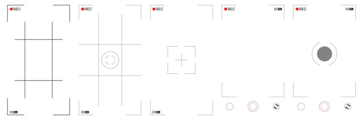 Video and photo camera viewfinder display signs. Focus, grid, zoom, shutter, preview, record frame vector symbols of shooting menu.