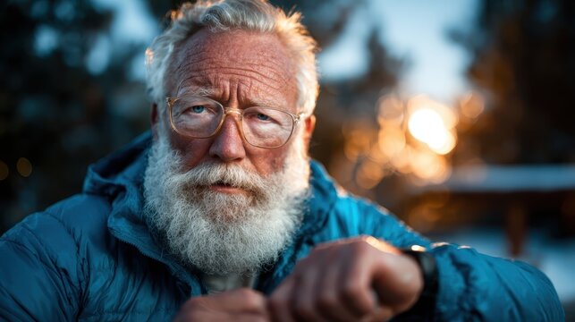 An elderly man checks his watch while dressed warmly in a winter landscape, symbolizing the passage of time, reflection, and the beauty in life's fleeting moments amidst nature.