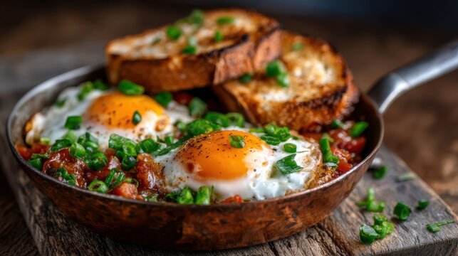 A delicious breakfast plate featuring two sunny-side-up eggs alongside toasted bread, showcasing a perfect start to the day with vibrant colors and rich textures. - Powered by Adobe