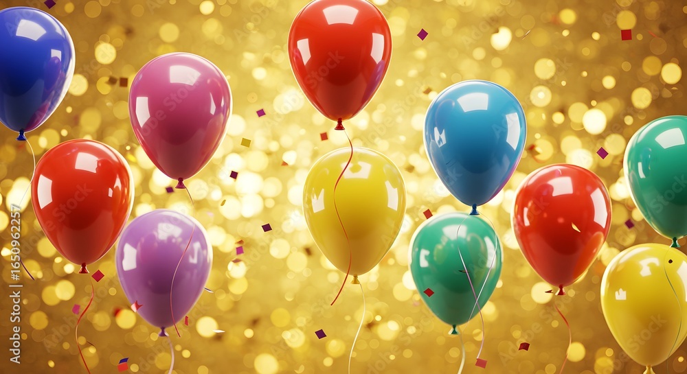 Poster colorful balloons floating against a bokeh background with confetti falling down from above the ball