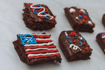 A brownie with a red, white, and blue American flag design