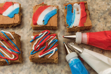Blond brownies decorated with red white and blue icing