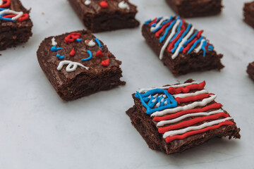 A brownie with a red, white, and blue American flag design