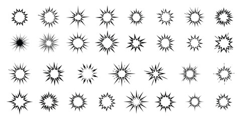 Illustration of boom set and black smoke bomb vector fire. Collection of black outline explosion graphics arranged on a white background