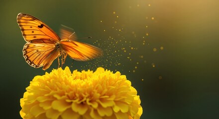 An orange butterfly taking flight from a yellow flower with magic sparkles