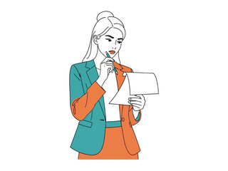 Business Woman in Deep Thought: A poised business woman, sketched in a modern style, contemplates ideas with a pen and paper in her hands. The image conveys deep thought and strategic planning. 