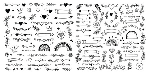 Line brush heart vector set. Hand drawn sketch doodle style arrow, cloud, star with marker stroke pencil highlight. Cute handwritten crown, heart, star line brush art design. Vector illustration
