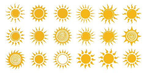 Assorted Set of Fifteen Stylized Yellow Sunflower Heads on a White Background. Vector yellow sunflower. Sunflower silhouette text frame Isolated on white background.