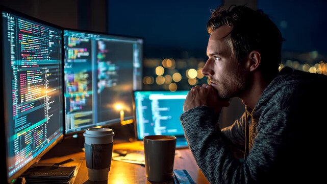 Focused night coder working on software project