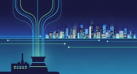 Night scene of a waste-to-energy plant connected by illuminated power lines to a futuristic city grid.
