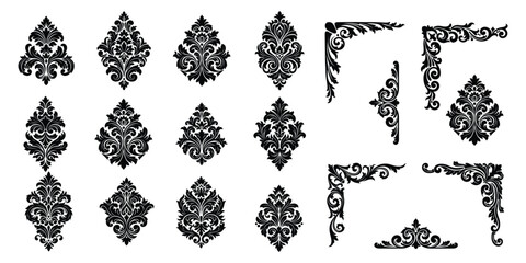 Vintage ornamental floral and corner elements set, flat vector illustration. Elegant baroque and damask decorative motifs for frames, invitations, borders, and design accents. © GStock