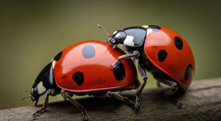 Fototapeta premium Two Bright Red Ladybugs on Brown Wood Close Up