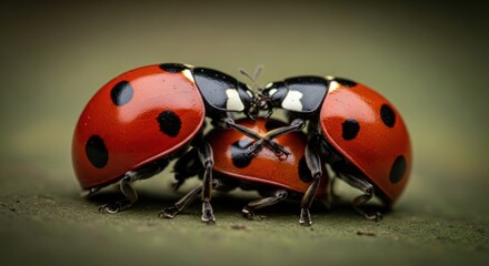Fototapeta premium Two Red and Black Ladybugs on Green Surface in Close Up