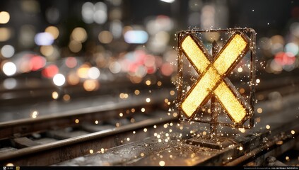 Yellow X warning sign on railway tracks. City lights bokeh