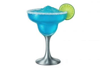 Frosty blue margarita cocktail featuring salted rim, lime wheel garnish, positioned against transparent backdrop