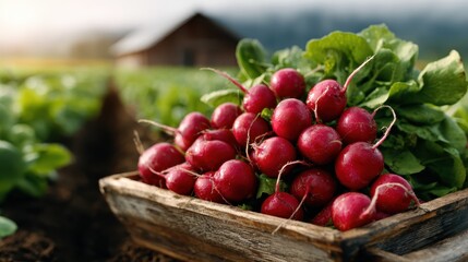 A vibrant collection of freshly harvested radishes resting in a wooden crate, surrounded by lush green leaves in a picturesque farm setting under soft morning light.