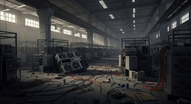 Abandoned Cryptocurrency Mining Farm with Damaged Hardware