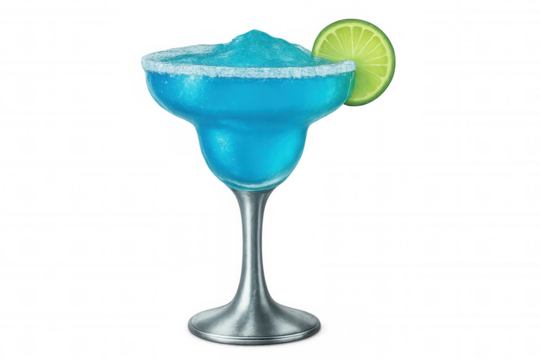 Frosty blue margarita cocktail featuring salted rim, lime wheel garnish, positioned against transparent backdrop