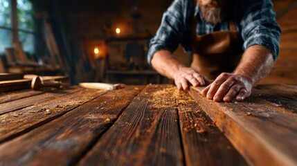 A skilled craftsman carefully smoothing a wooden plank in a rustic workshop, highlighting the dedication and artistry involved in traditional woodworking and craftsmanship.