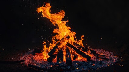 A campfire with burning logs and bright flames against a dark background.