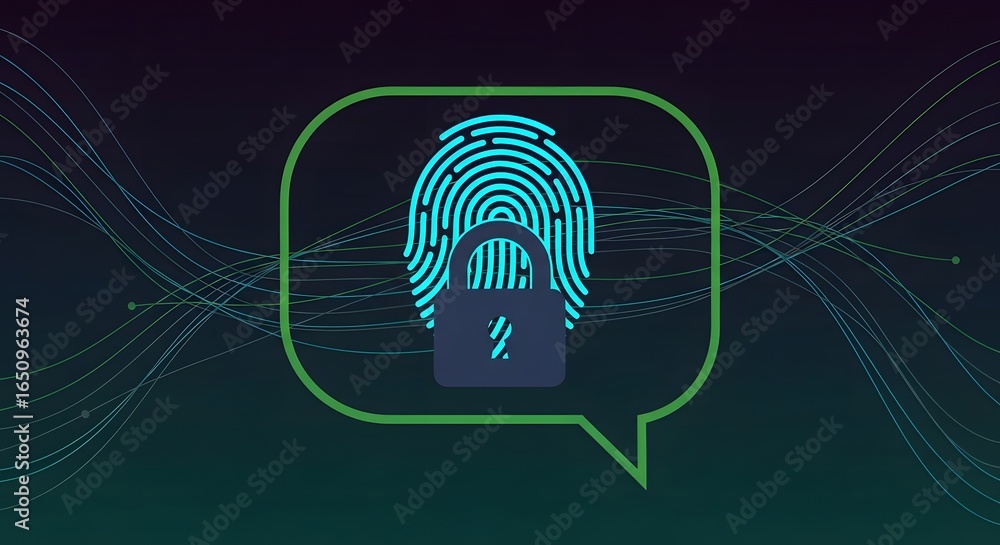 Poster digital fingerprint lock icon with security speech bubble in futuristic technology style