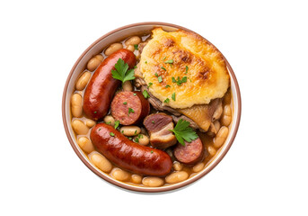 Savory baked potato casserole with assorted sausages and beans in a round bowl on black background