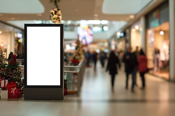 Upright digital billboard in mall with blank screen and holiday decor  
