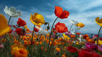 Obraz premium Vivid field of colorful poppies against a partly cloudy sky. Perfect for spring designs, nature backgrounds, floral prints, and gardening themes.
