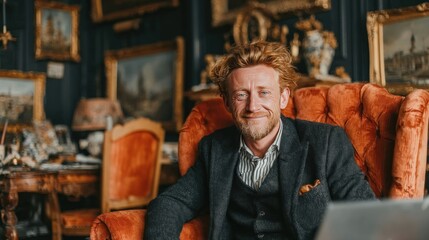 Smiling Successful Man Entrepreneur in Formal Business Suit with Beard Sitting on Orange Armchair with Laptop in Luxury Office Interior
