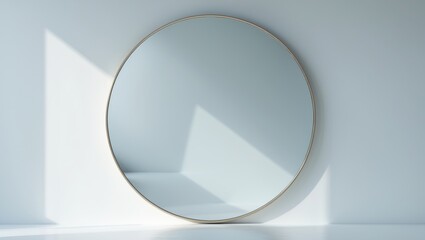 A round mirror reflecting light and shadow, mounted on a plain wall. Minimalist interior decor, modern design, clean and simple style.