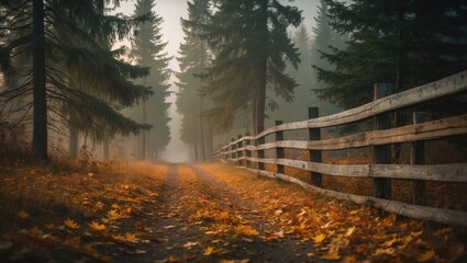 A forest trail during autumn with fallen leaves, surrounded by tall trees and a wooden fence on one side. Misty and peaceful outdoor scene.
