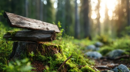 Naklejka premium A beautifully detailed image of a moss-covered stump in a forest, capturing the serene essence of nature bathed in gentle sunlight, promoting a sense of peace and connection.