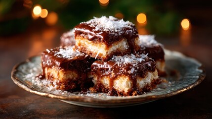 A close-up of delectable chocolate-covered coconut dessert squares, arranged artistically on a plate, inviting the viewer to indulge in a sweet culinary delight.