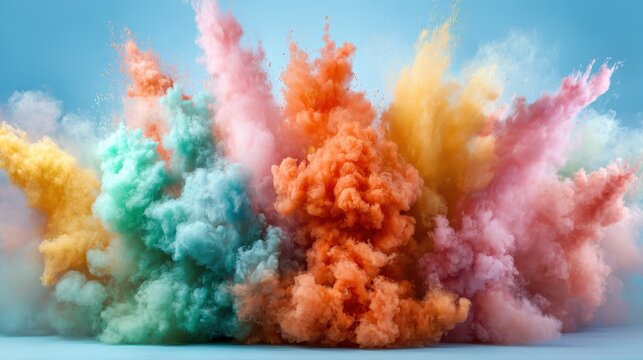 An artistic explosion of colorful powder smoke creates a vibrant, abstract scene which represents creativity, energy, and the beauty of unexpected moments in art.