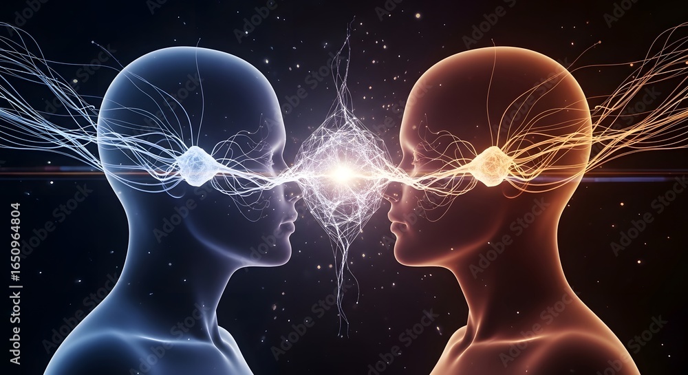 Poster digital neural network concept with two human heads connecting in bright futuristic style