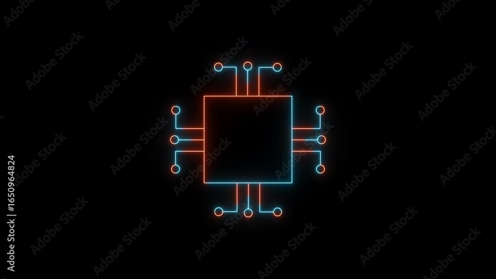 Poster futuristic neon circuit board design with connections radiating from central microchip on dark backg
