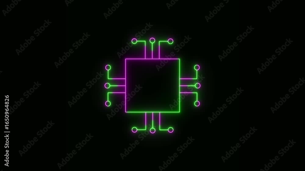 Poster futuristic neon circuit board design with connections radiating from central microchip on dark backg