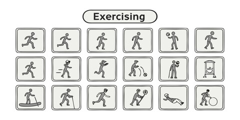 Exercising Line Icons. Editable Stroke. Contains such icons as Running, Cycling, Yoga, Weightlifting, Stretching, Soccer, Football, Tennis, Basketball, Fighting, Aerobics, Exercising Icons set.